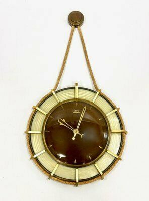 German Brass Wind Up Wall Clock With Rope Hanger By Upg Halle, 1960s