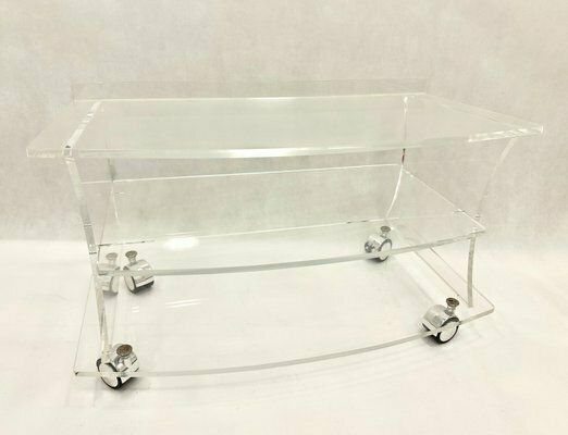Mid Century Clear Acrylic Glass Shelf Unit Tv Stand On Castors, 1970s photo for sale