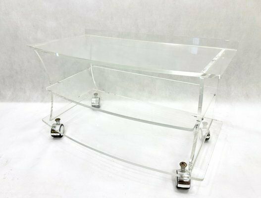 Mid Century Clear Acrylic Glass Shelf Unit Tv Stand On Castors, 1970s photo Furniture
