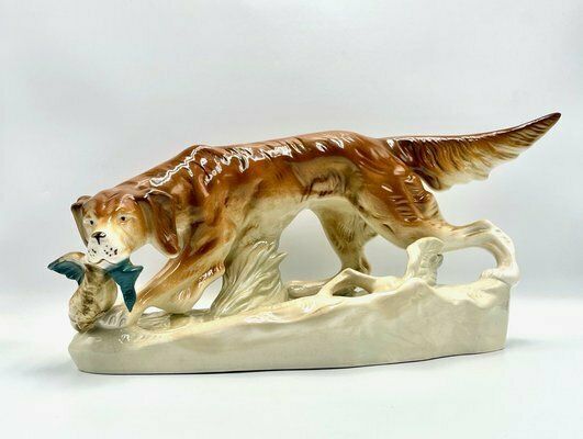 Large Hunting Dog With Duck Figurine In Porcelain From Royal Dux Bohemia, 1940s