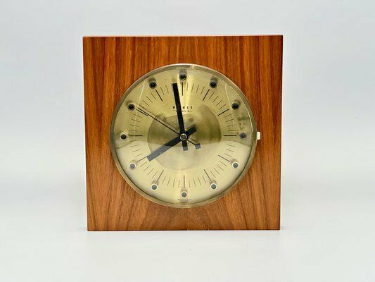 Mid Century Modern Teak And Brass Wall Clock From Weimar, 1960s