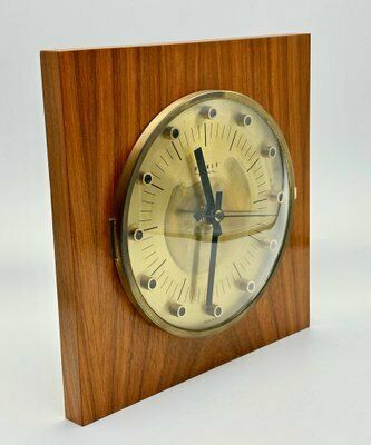 Mid Century Modern Teak And Brass Wall Clock From Weimar, 1960s photo for sale
