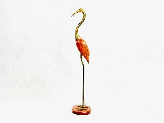 Mid Century Modern Tall Carved Teak And Brass Heron Figurine, 1960s