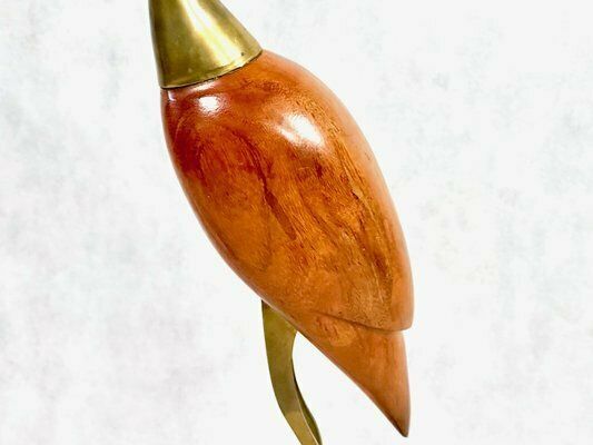 Mid Century Modern Tall Carved Teak And Brass Heron Figurine, 1960s photo vinterior