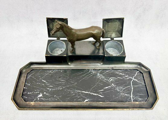 French Bronze & Marble Horse Desk Set With Inkwells, 1900s photo buy