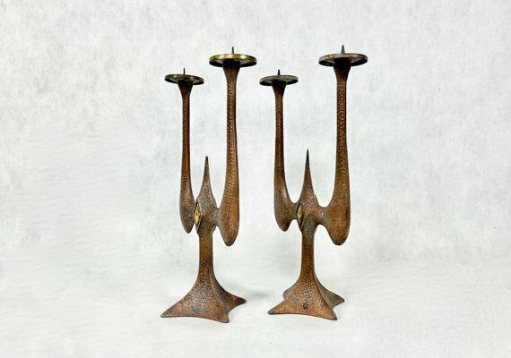 Polish Brutalist Copper Candleholders, 1970s, Set Of 2 photo for sale