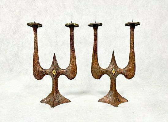Polish Brutalist Copper Candleholders, 1970s, Set Of 2 photo Home Decor