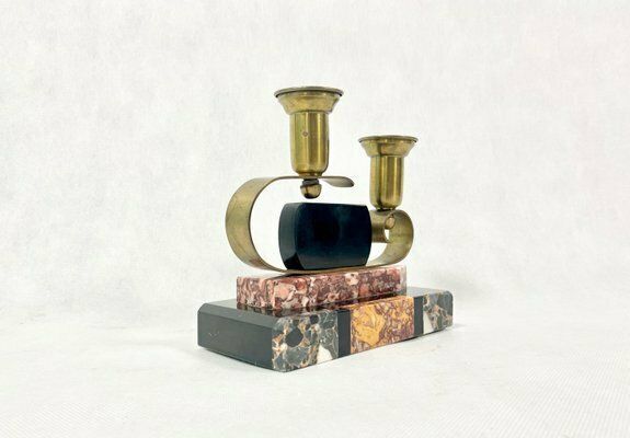 French Art Deco Brass And Marble Candleholder, 1920s photo vinterior