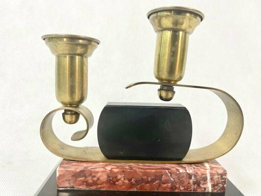 photo furniture French Art Deco Brass And Marble Candleholder, 1920s