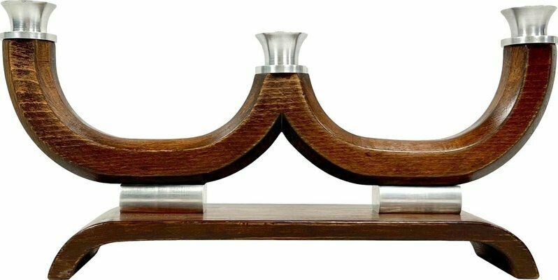 Mid Century Wood And Aluminium Candleholder, 1950s