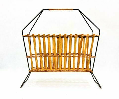 Vintage Bamboo & Steel Magazine Rack, 1960s 1970s