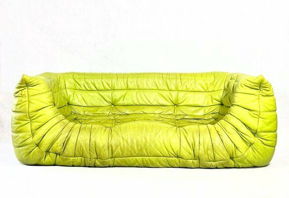 Vintage 3 Seat Togo Sofa With Arms In Green Leather By Michel Ducaroy For Ligne Roset, 2012