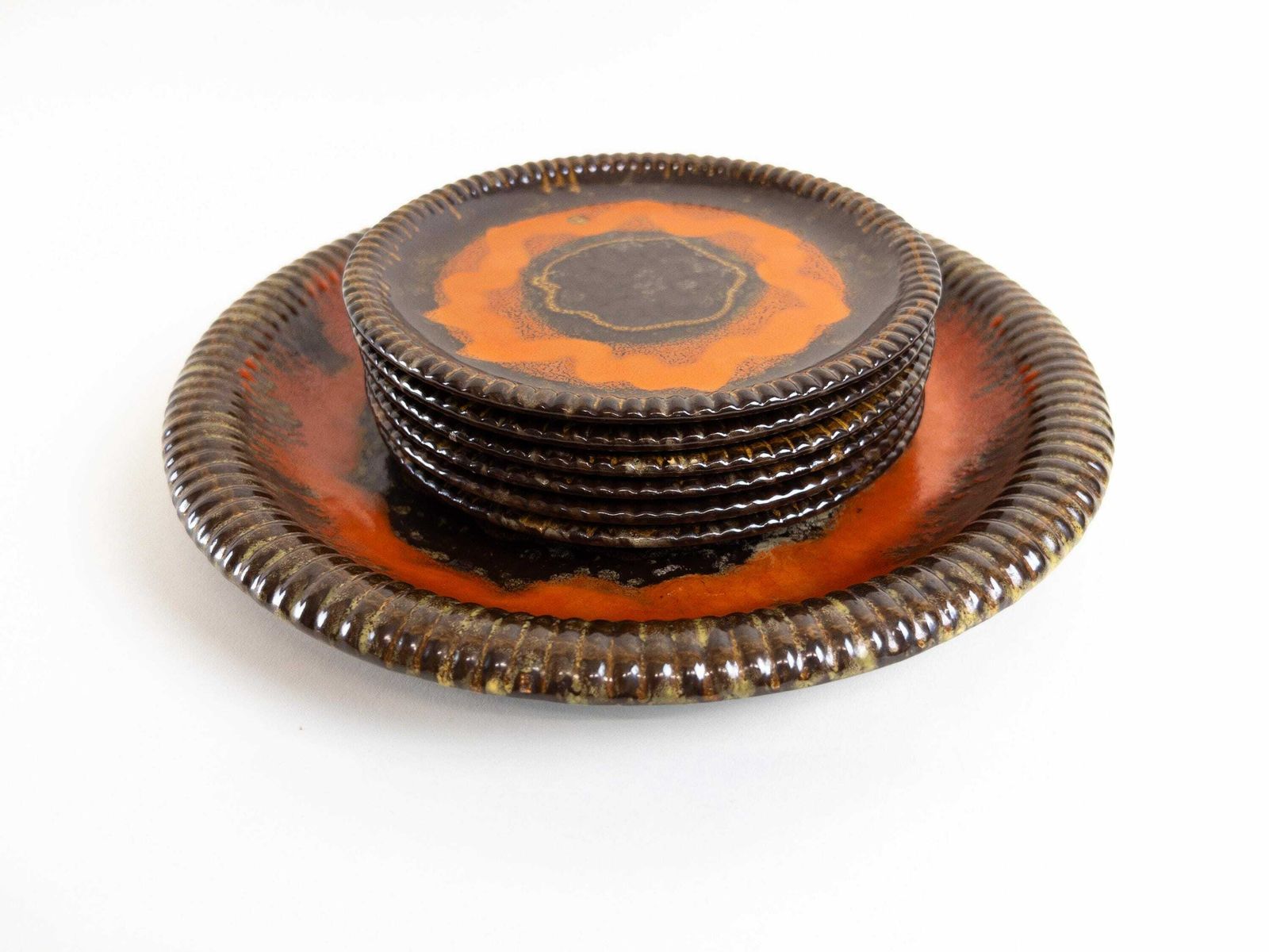Carstens Uffrecht Serving Platter And 6 Dessert Plates   Rare Art Deco Orange And Brown Drip Glaze 7 Piece Plate Set photo furniture
