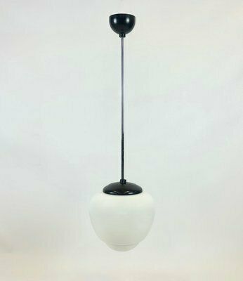 Czech White Milk Glass And Bakelite Pendant Lamp From Napako, 1940s