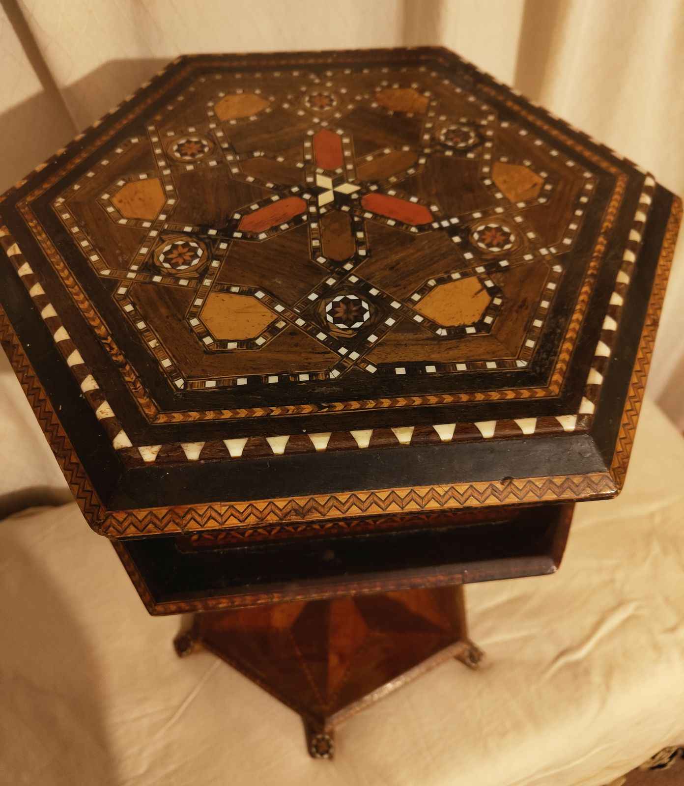 Stunning Hexagonal Rosewood Sewing Stand / Side Table With Mosaic Detailing photo vinterior
