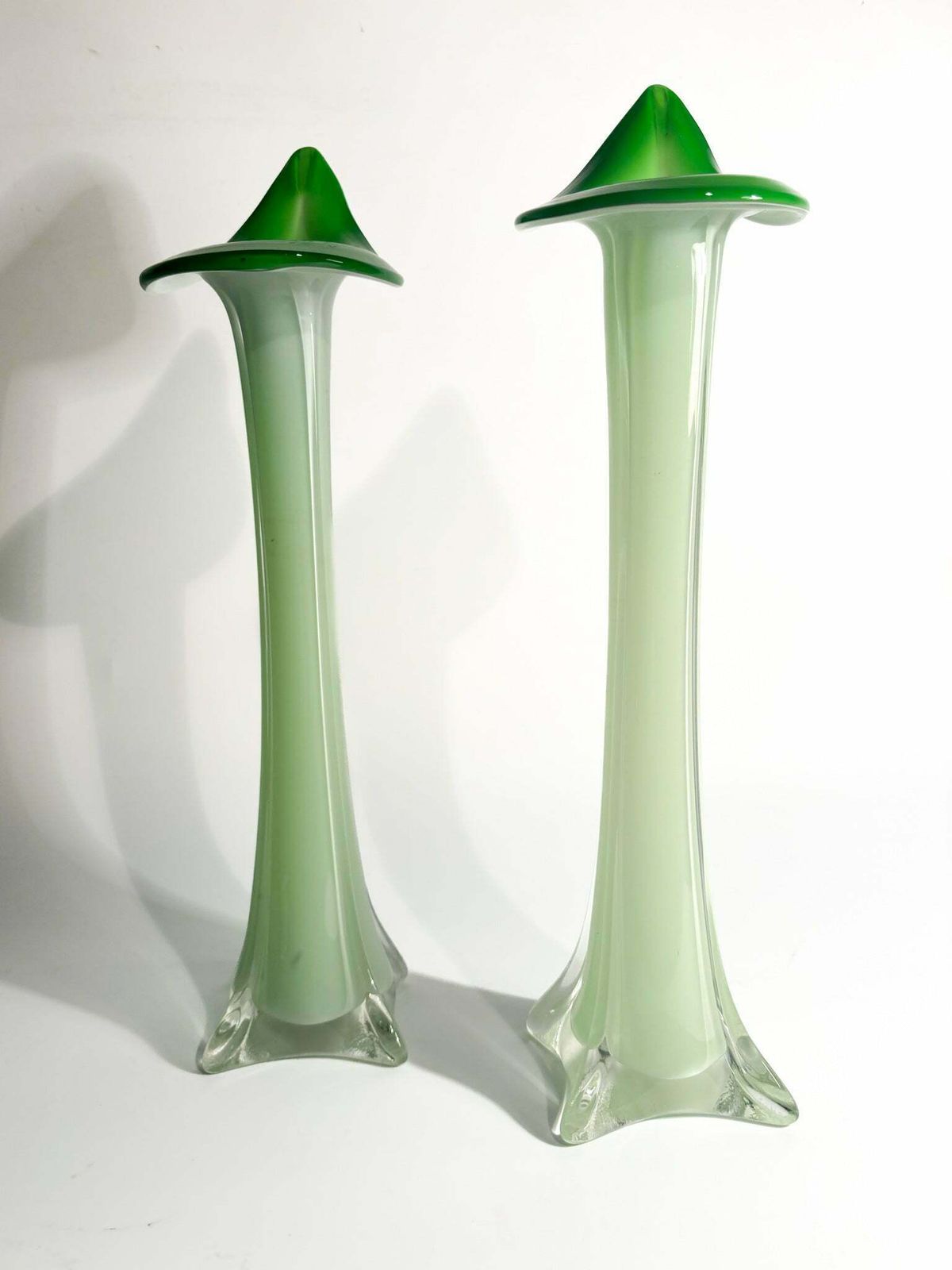 Pair Of Single Lancet Vases In Green Murano Glass From The 1970s