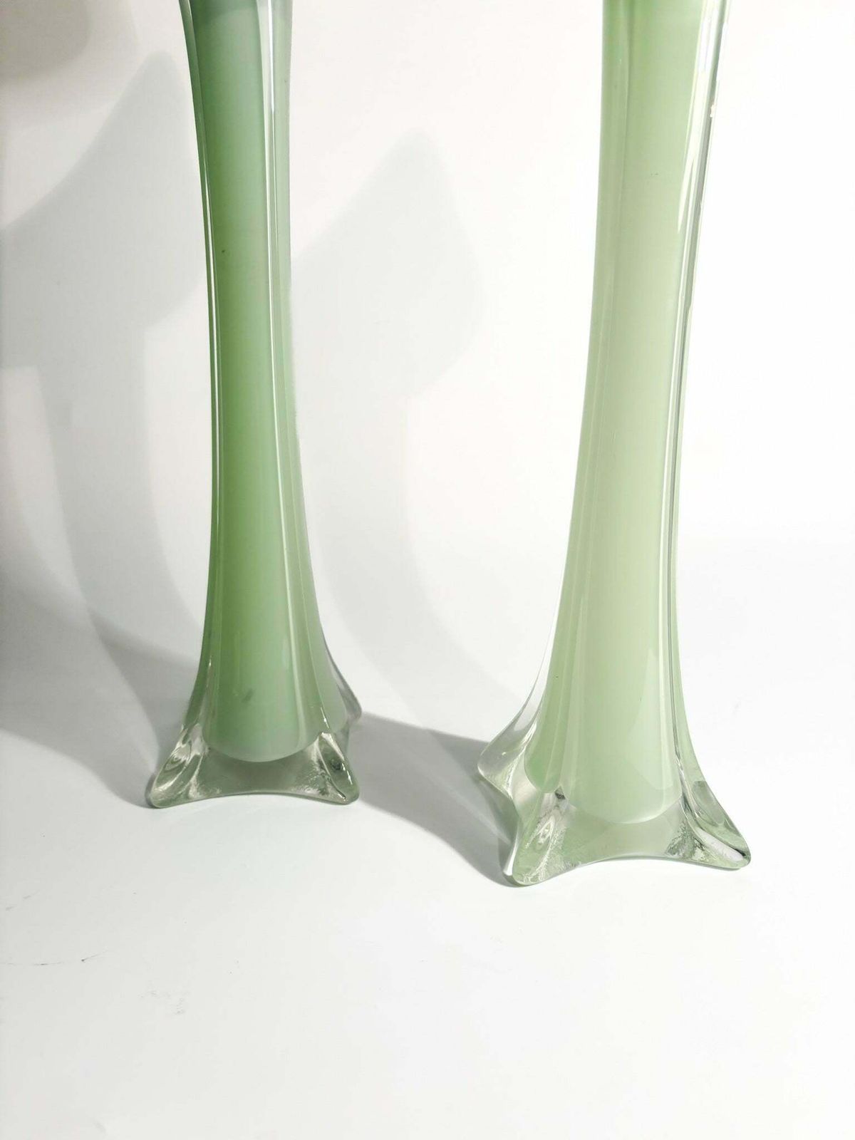 Pair Of Single Lancet Vases In Green Murano Glass From The 1970s photo for sale