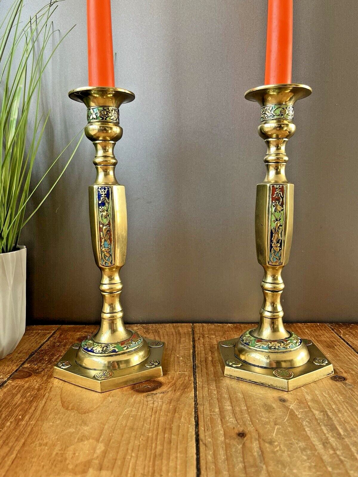 Pair Of Antique Asian Chinese Brass Floral Cloisonne Enamel Candlesticks Holders photo Home Decor