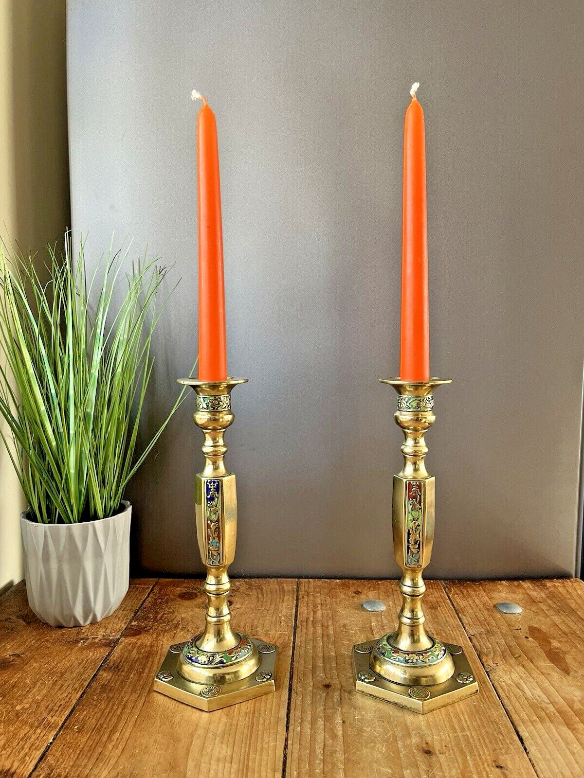 Pair Of Antique Asian Chinese Brass Floral Cloisonne Enamel Candlesticks Holders photo 125.0