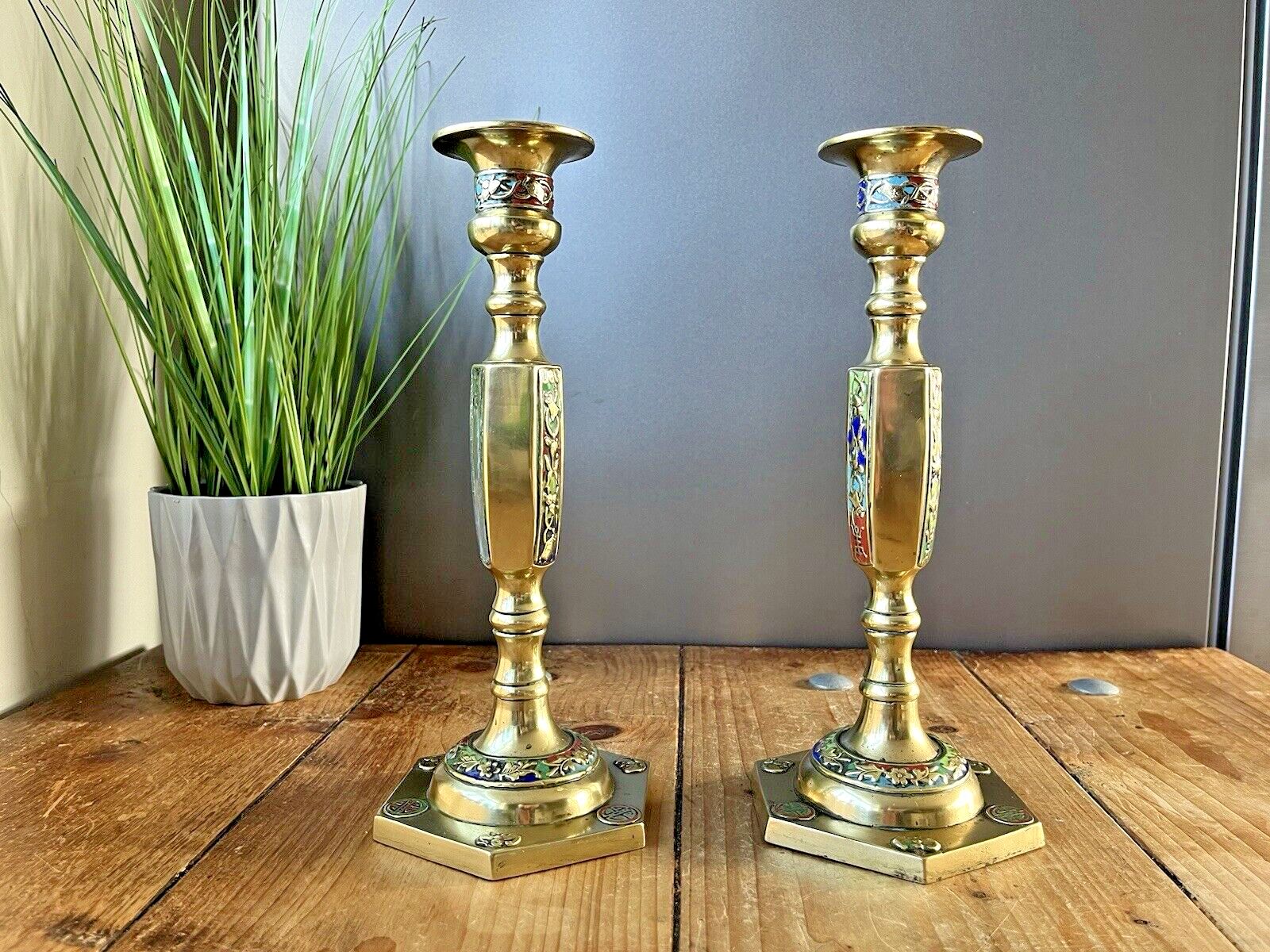 Pair Of Antique Asian Chinese Brass Floral Cloisonne Enamel Candlesticks Holders photo buy