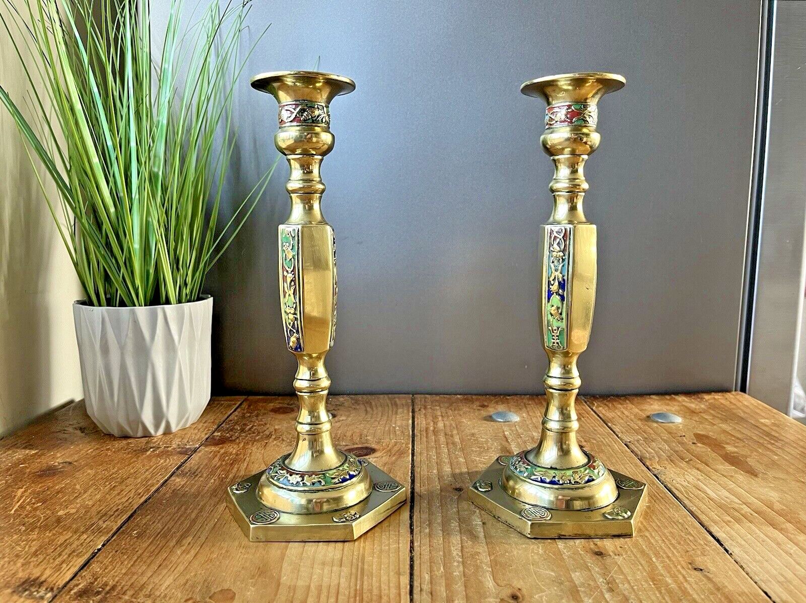 photo furniture Pair Of Antique Asian Chinese Brass Floral Cloisonne Enamel Candlesticks Holders