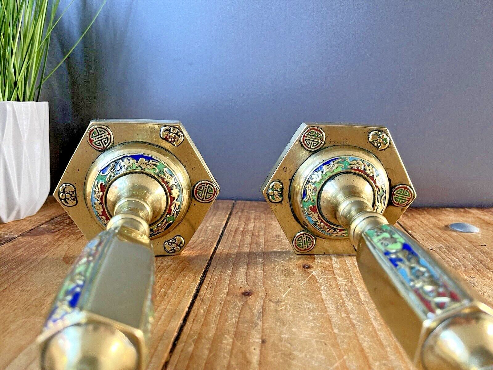 photo for sale Pair Of Antique Asian Chinese Brass Floral Cloisonne Enamel Candlesticks Holders