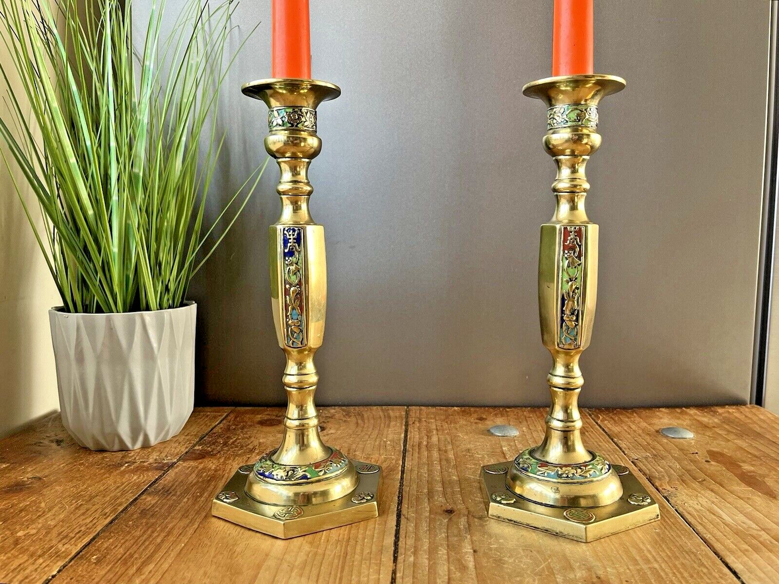 photo buy Pair Of Antique Asian Chinese Brass Floral Cloisonne Enamel Candlesticks Holders