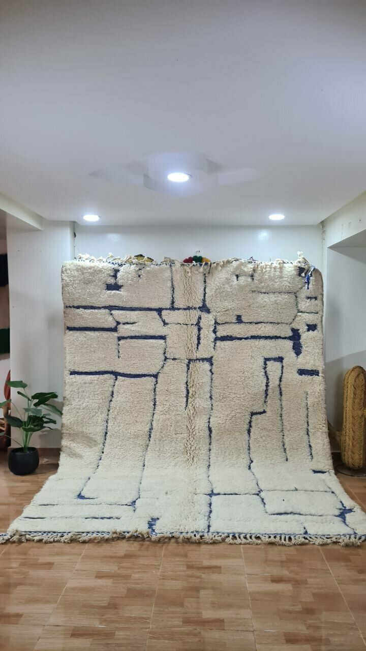 Modern Moroccan Beni Ouarain Rug With Blue Geometric Lines 300x200 Cm photo furniture