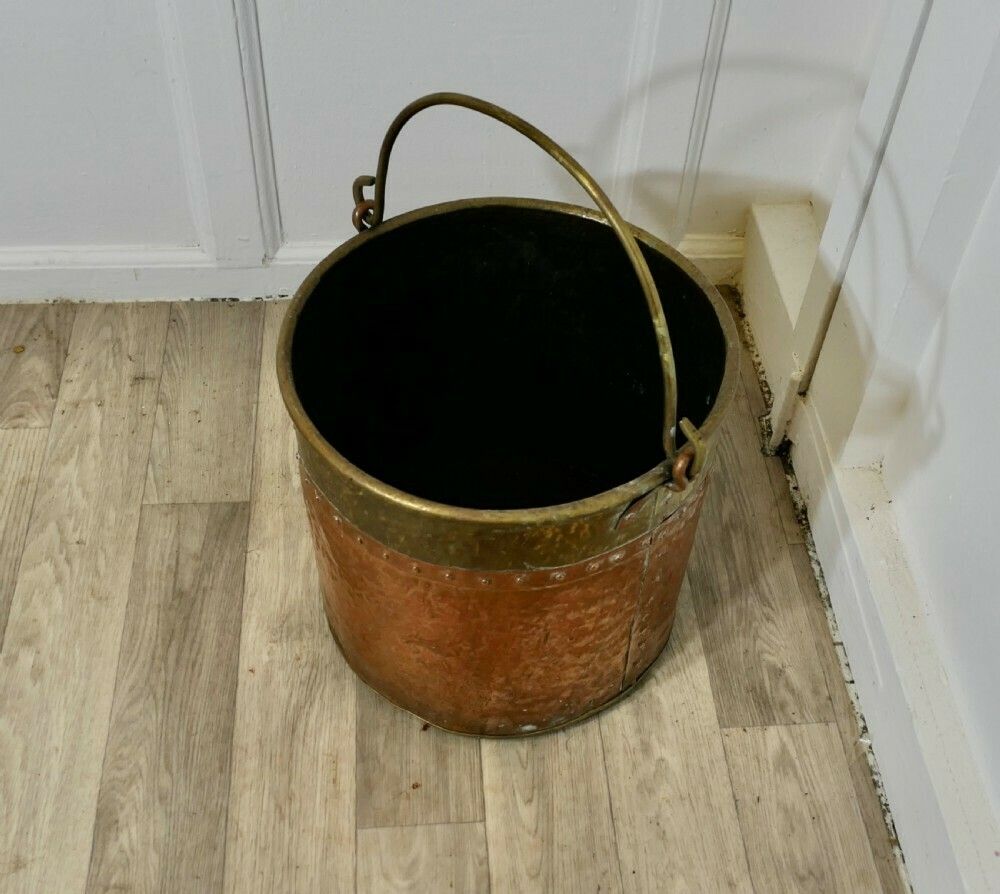 Riveted Copper And Brass Coal Bucket photo vintage
