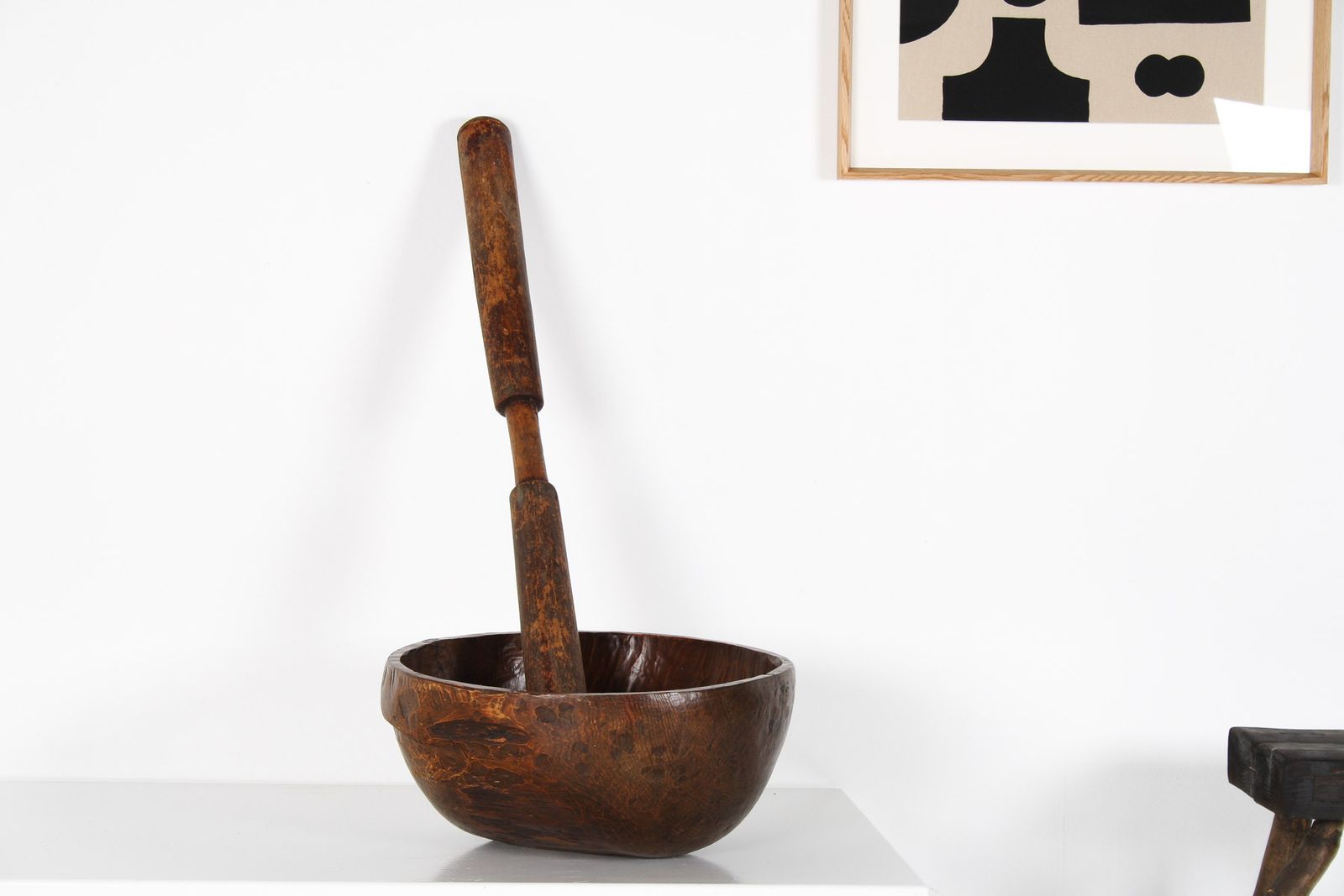 A Very Large Primitive Hand Carved Antique Wooden Bowl Mortar And Pestle photo vinterior