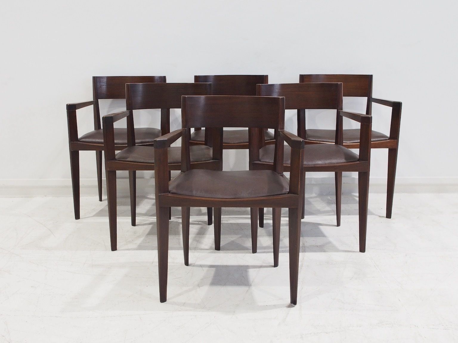 Set Of Six Dark Brown Wood And Faux Leather Italian Dining Chairs