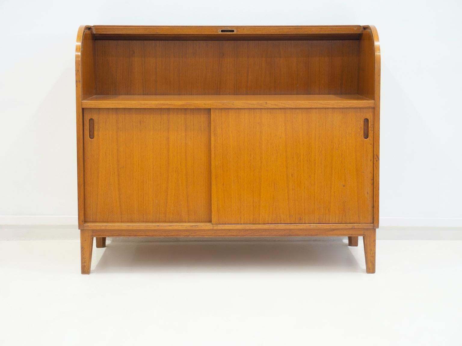 Teak Veneered Cabinet With Sliding Doors And Roll Up Flap photo furniture