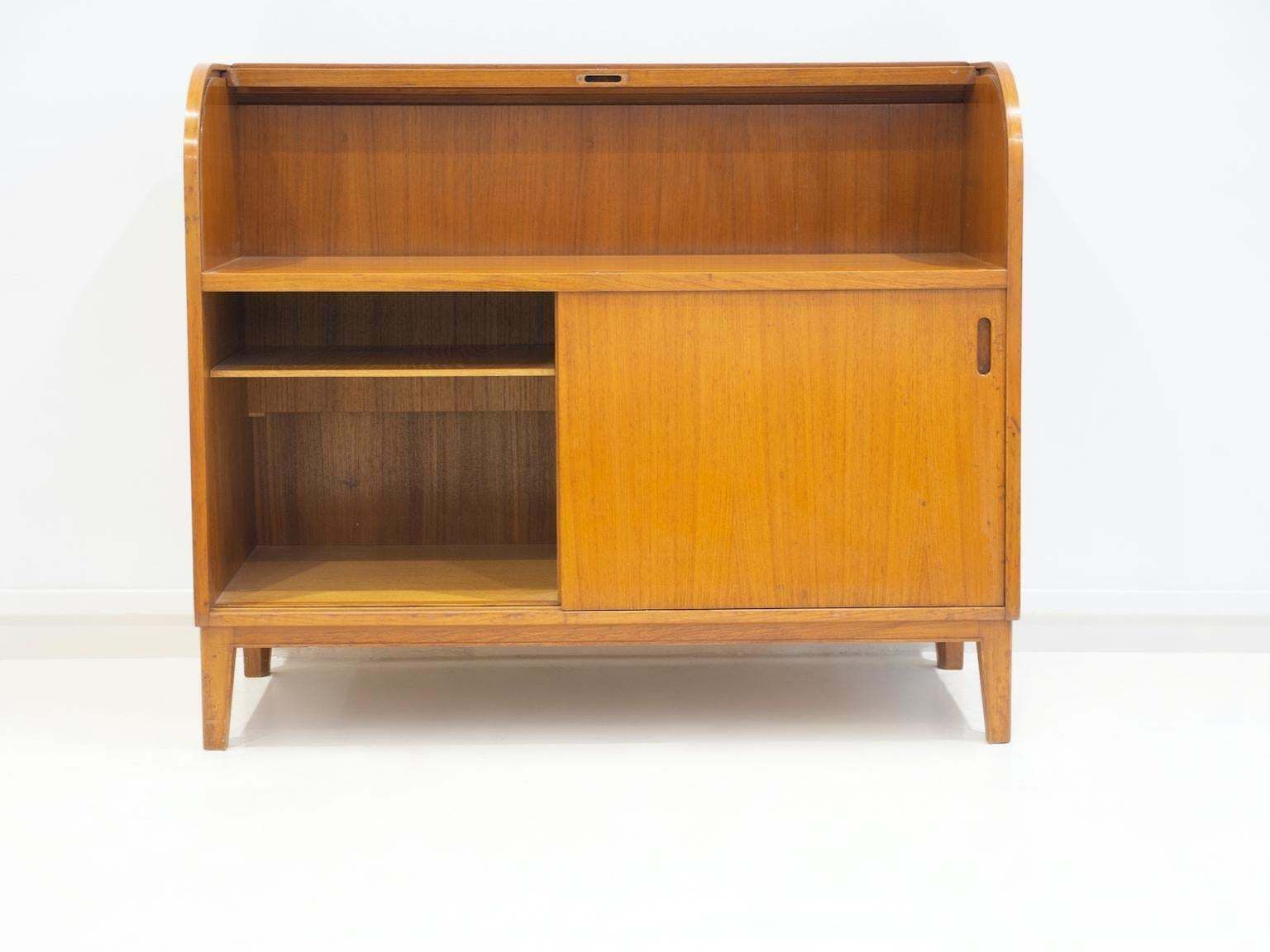 Teak Veneered Cabinet With Sliding Doors And Roll Up Flap photo Furniture