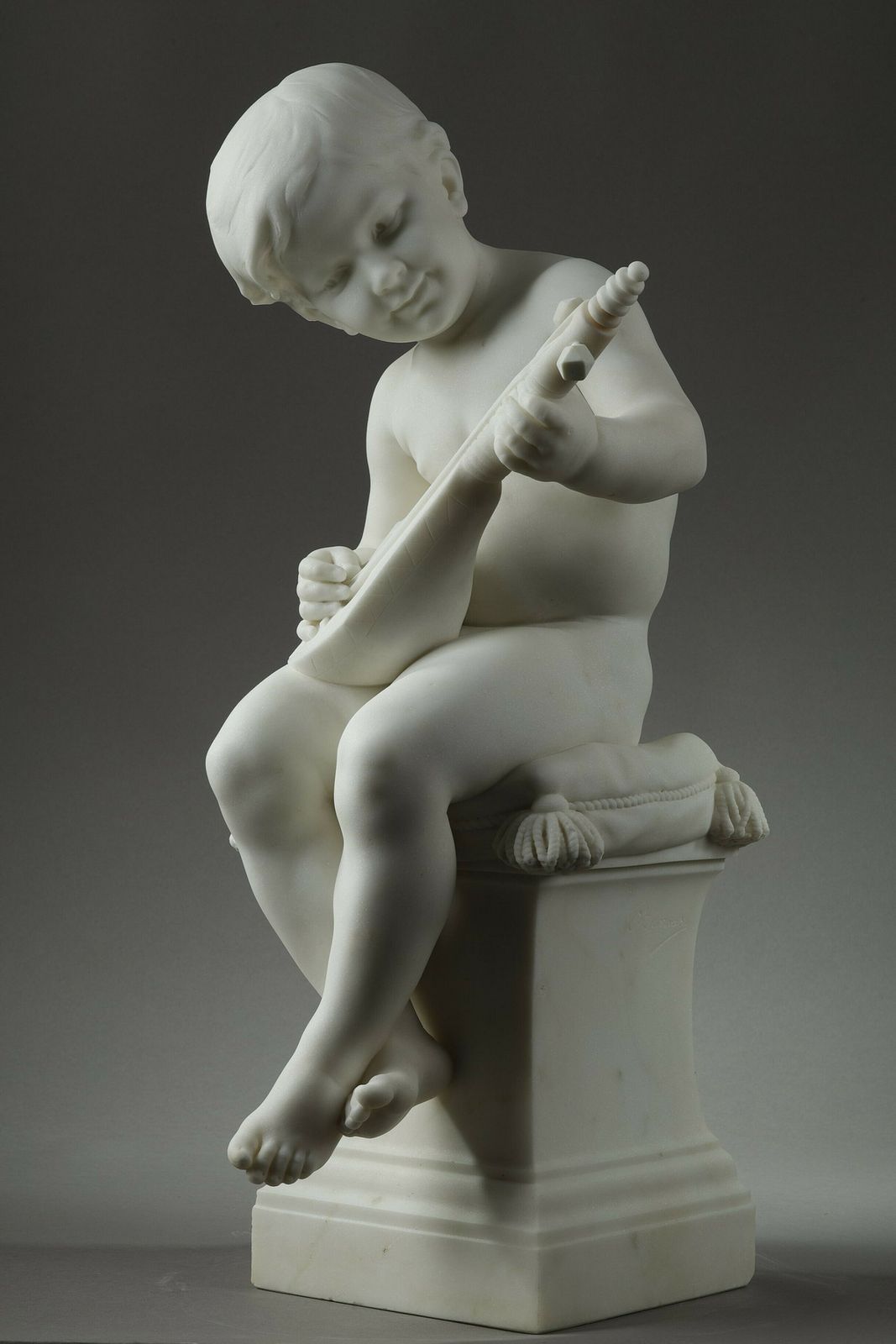 The Little Musician, Large Sculpture In Carrara Marble By Barrias photo vintage