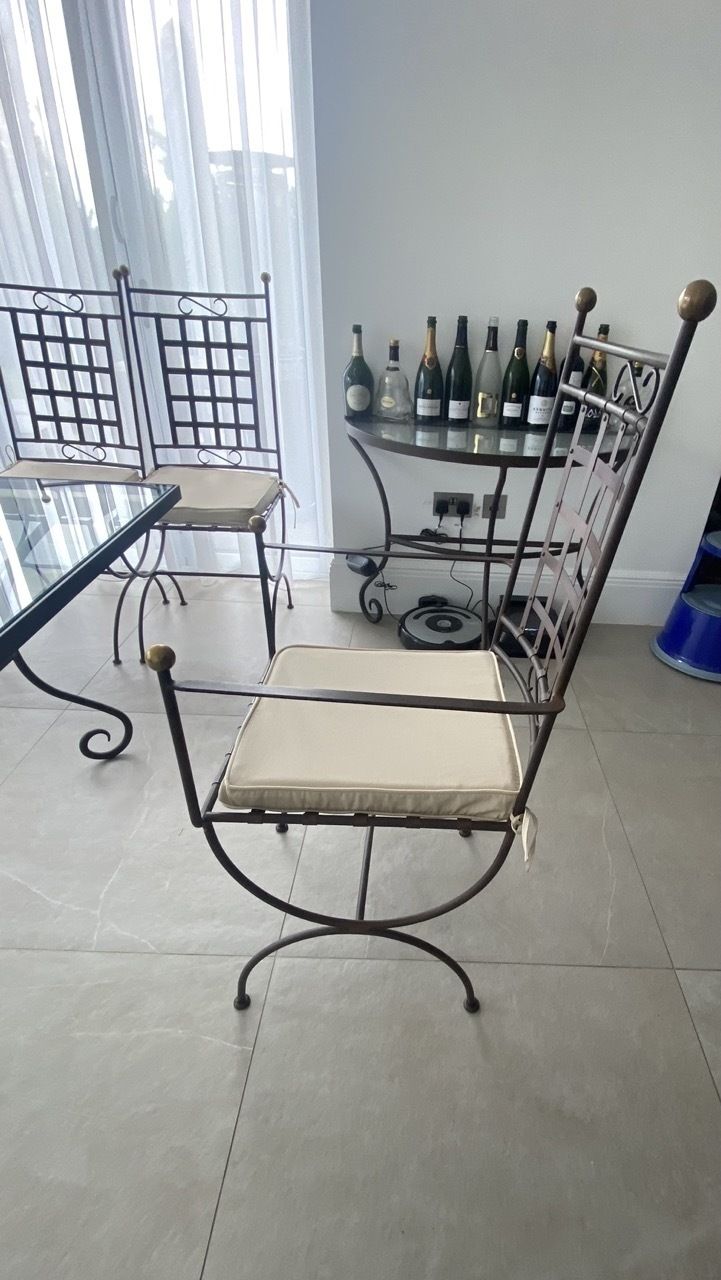 Beautiful Iron And Glass Dining Table With 8 Chairs And Twoo Moon Tables photo Furniture