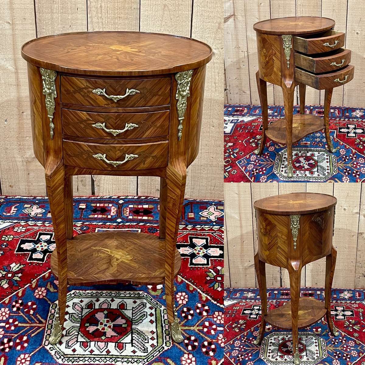 Side Table With 3 Drawers In Rosewood And Oak, Work From The 70s In Louis XV Style