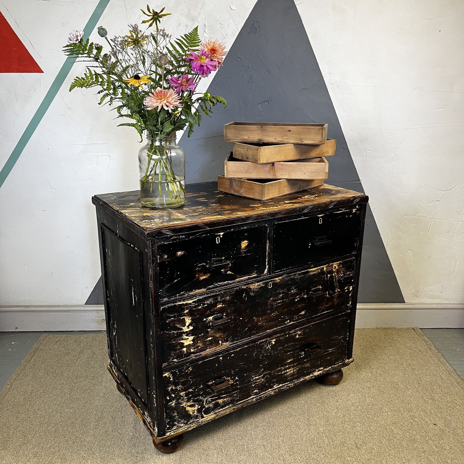 ​Antique Pine Black Chest Drawers Storage