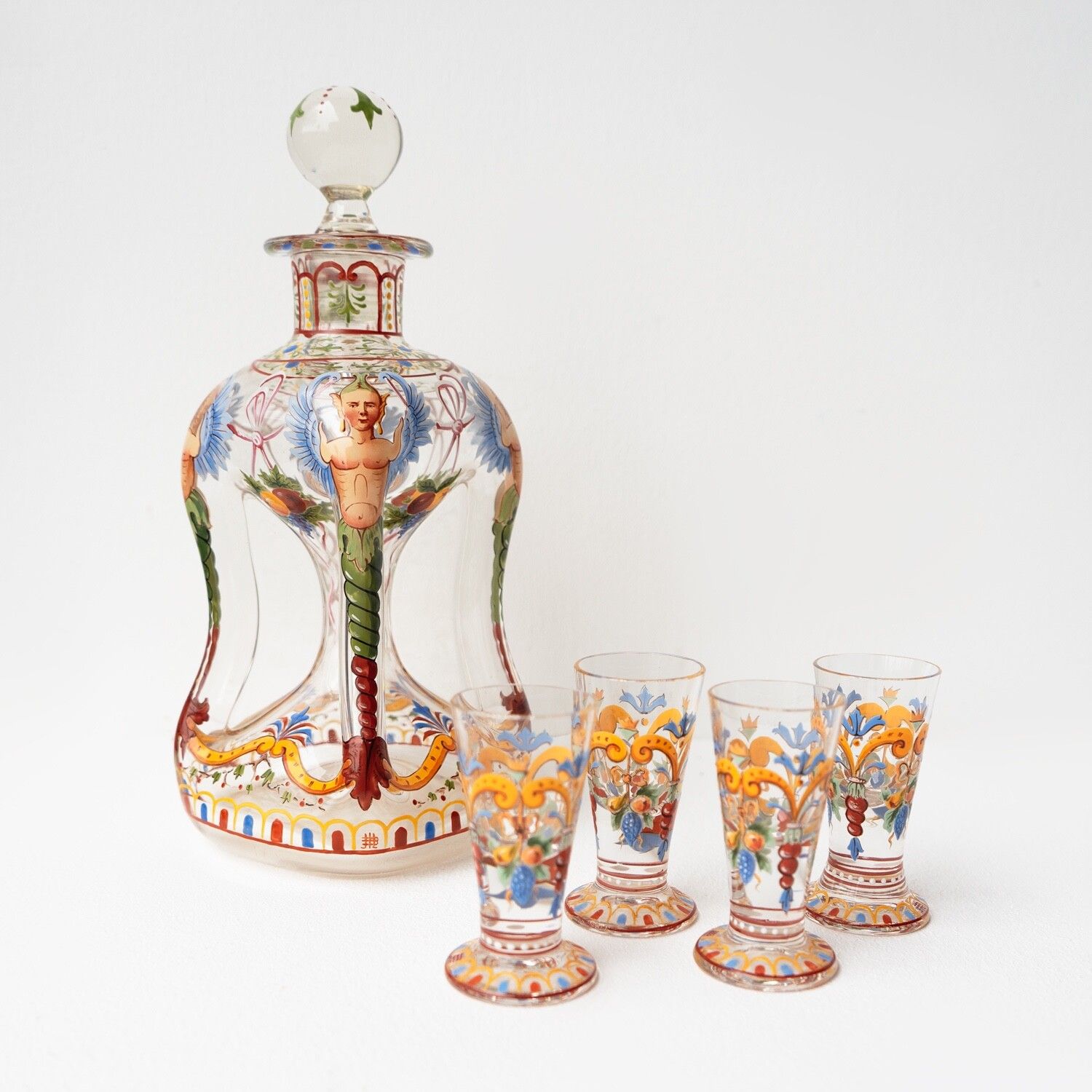 photo vinterior Antique Enamelled Glass Decanter And Glasses By J & L Lobmeyr, Vienna, Late 19th