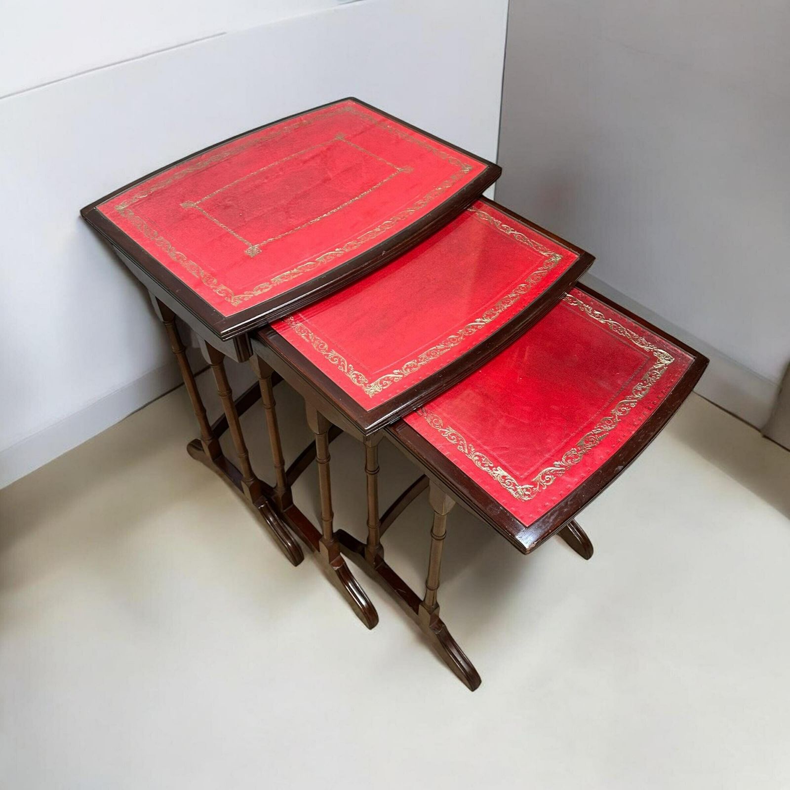 Vintage Nest Of 3 Tables / Leather & Glass Topped C1950