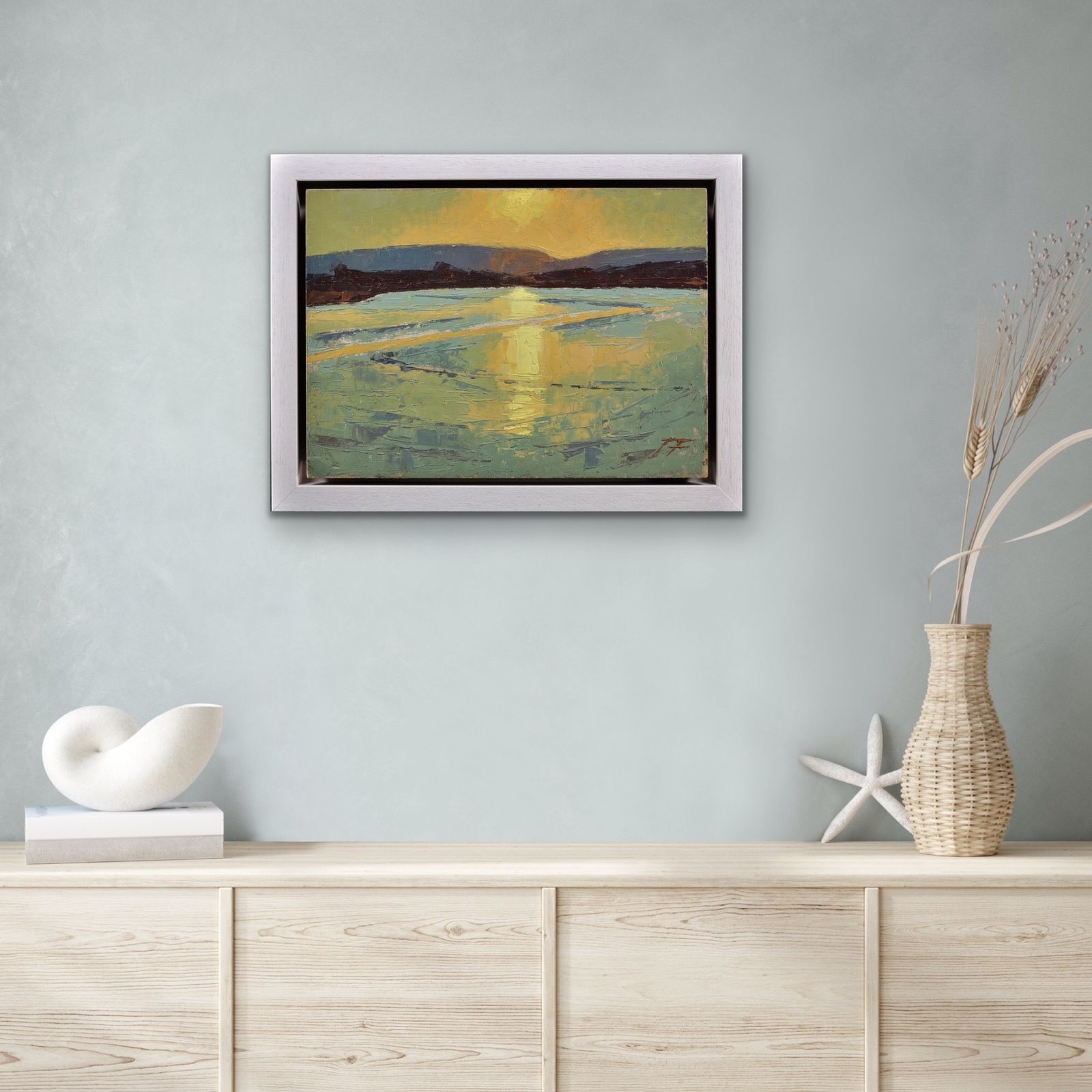 James Fry 1911 To 1985. English. Poole Harbour With The Purbeck Hills Beyond, Dorset Landscape. Framed Impasto Oil Painting Circa 1950. photo vintage