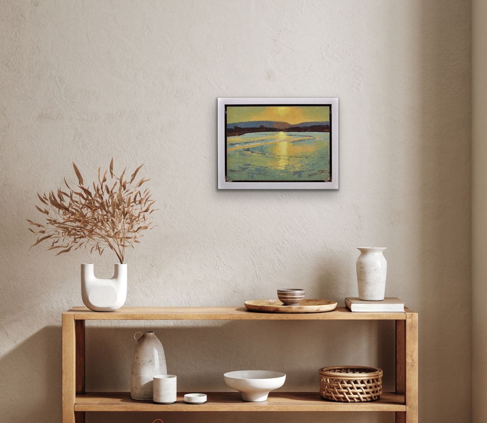 photo vinterior James Fry 1911 To 1985. English. Poole Harbour With The Purbeck Hills Beyond, Dorset Landscape. Framed Impasto Oil Painting Circa 1950.