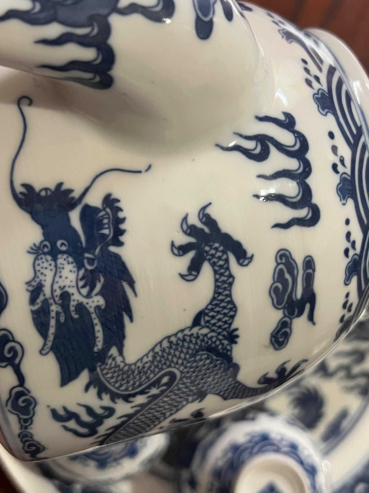 Double Dragon Vintage Chinese Porcelain Blue & White Dishware Teaset/ Teapot And Tray, Made In Jingdezhen photo vintage
