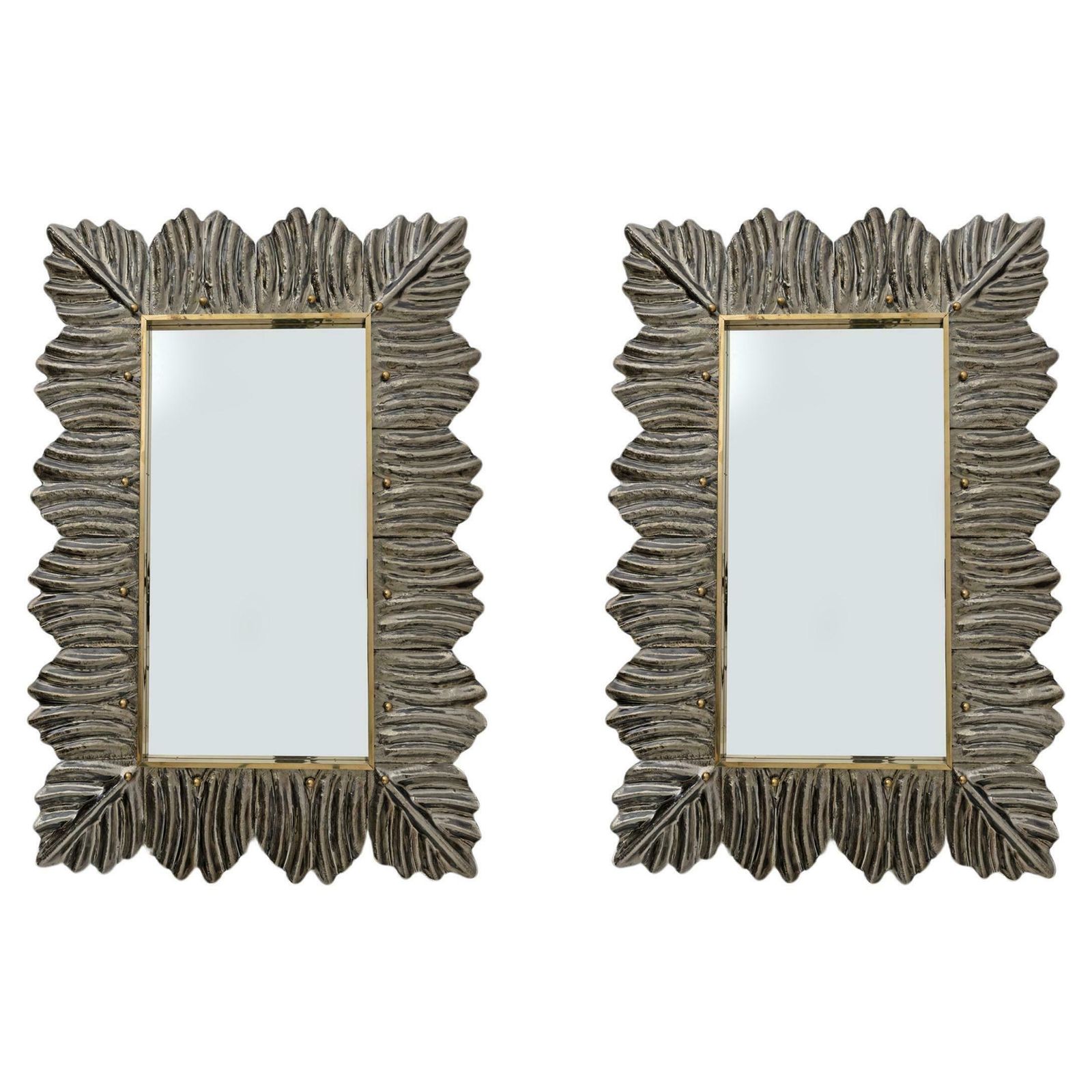 Pair Of Mid Century Modern Italian Brass And Leaf Murano Glass Wall Mirrors