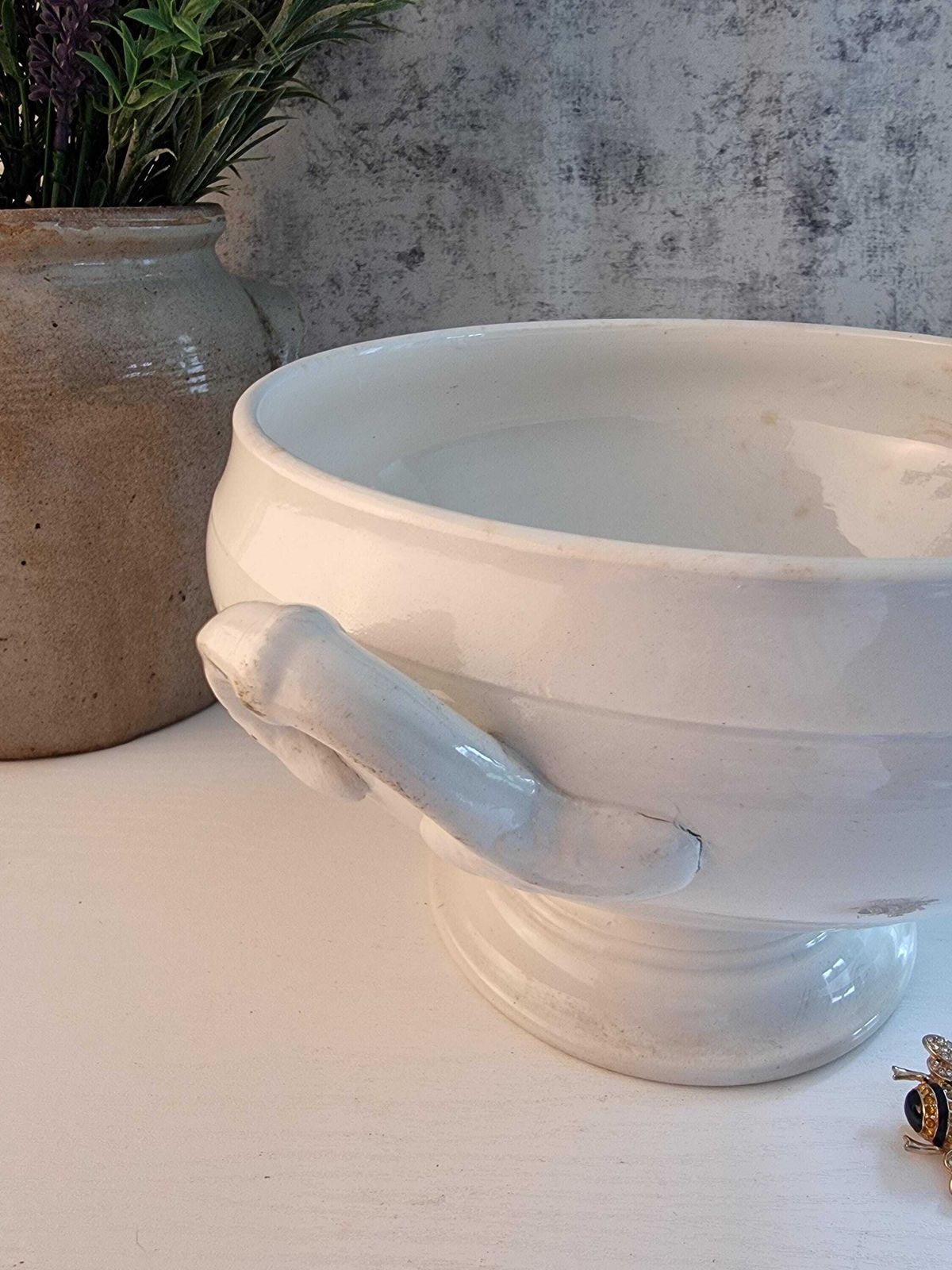 Antique Ironstone Tureen   Antique Tea Stained Creil Et Montereau Tureen   Vintage Ironstone Serving Dish   French Ironstone Serving Bowl photo for sale