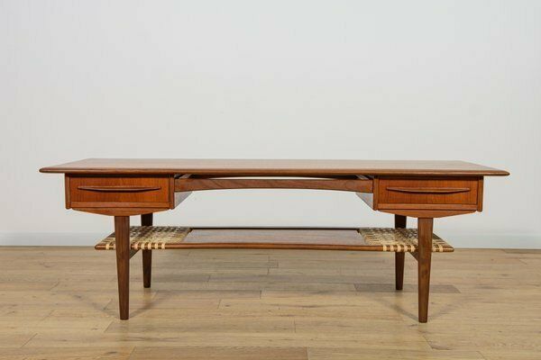 Mid Century Teak & Rattan Coffee Table, Denmark, 1960s photo for sale