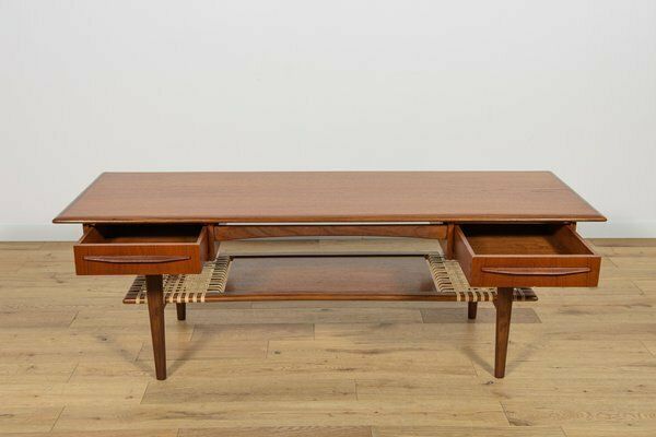 Mid Century Teak & Rattan Coffee Table, Denmark, 1960s photo vintage