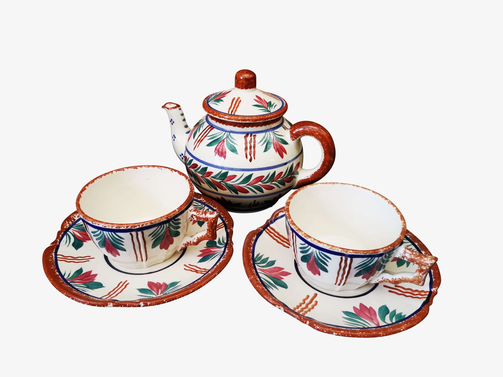 Quimper Vintage Tea Set, 3 Piece, Teapot, 2 Cups And Saucers