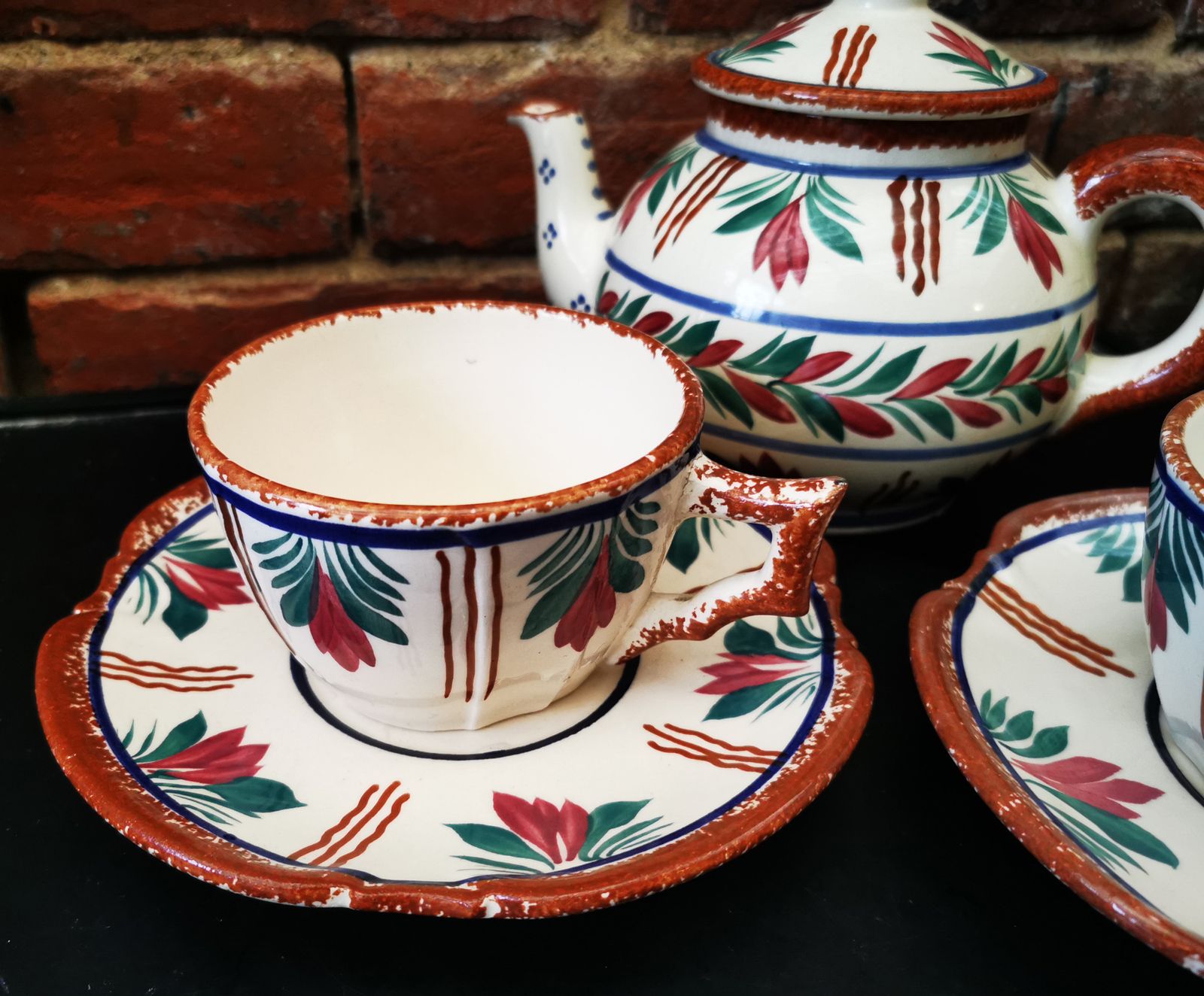 Quimper Vintage Tea Set, 3 Piece, Teapot, 2 Cups And Saucers photo furniture