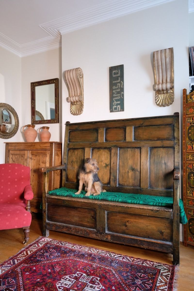 19th Century Welsh Oak Settle With Painted Panels & Storage