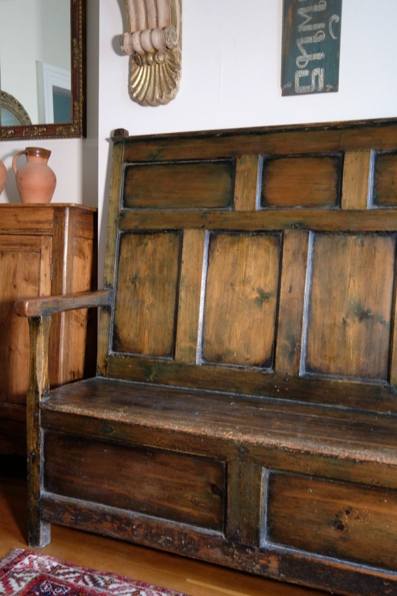 1880.0 19th Century Welsh Oak Settle With Painted Panels & Storage photo